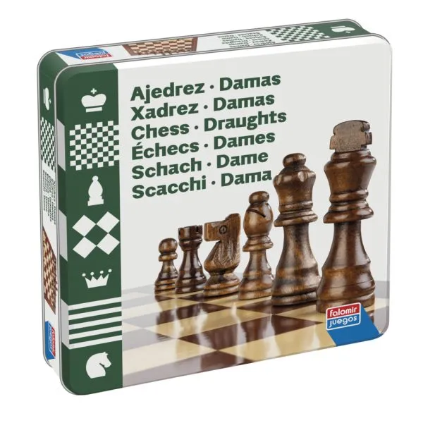 falomir-juegos-ajedrez-y-damas-en-caja-de-lata-accesorios-de-madera image 1