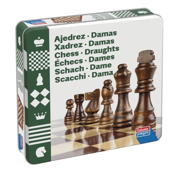falomir-juegos-ajedrez-y-damas-en-caja-de-lata-accesorios-de-madera image 1